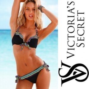 Victoria's Secret Bikini Bottoms Crinkle Crepe Black with White Black Strap XS